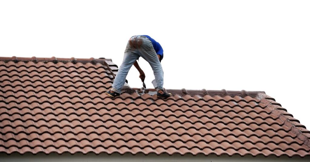 Specialist schildert nok van het dak met een borstel 