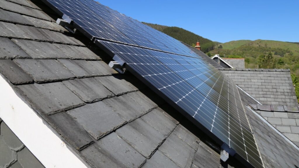 Zicht op zonnepanelen op natuurleien dak