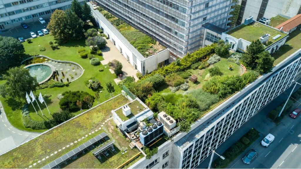 Intesieve daktuin met aangelegd terras op een hoog gebouw in het midden van een drukke stad 