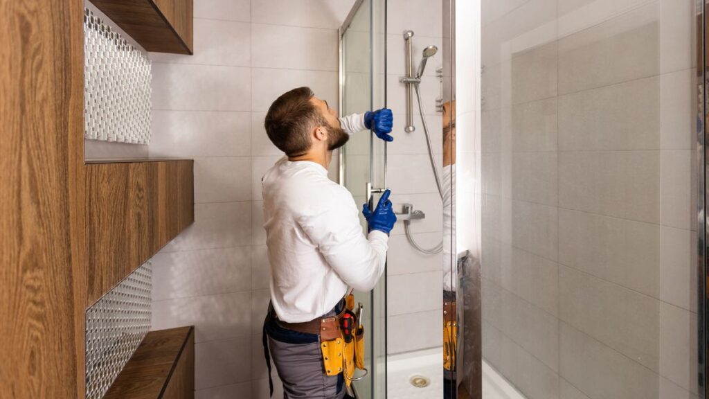 Een vakman installeert een douche tijdens een badkamerrenovatie